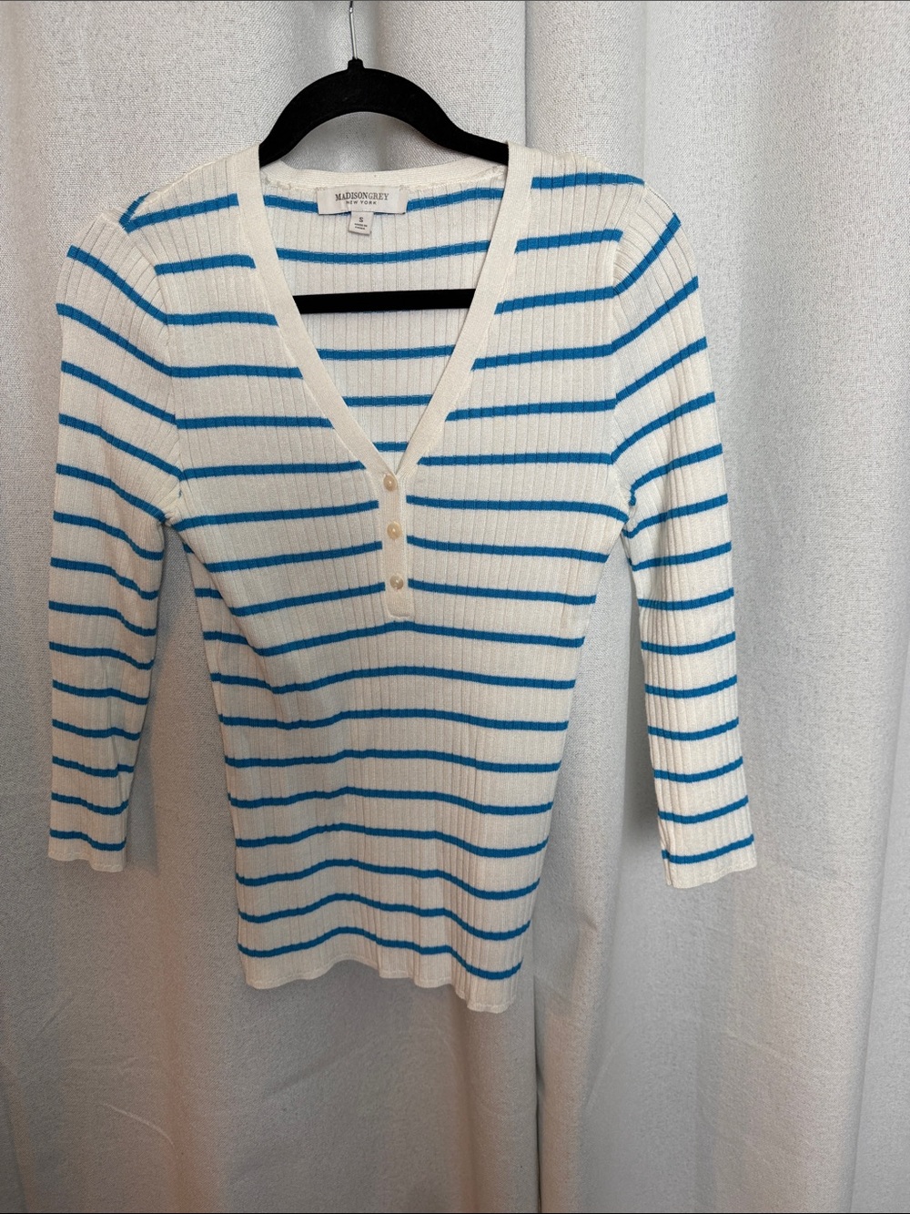 Madison White & Bright Blue Striped Ribbed V-Neck Cardigan